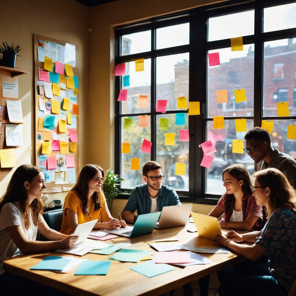 An inspiring scene depicting a diverse group of content creators enthusiastically brainstorming ideas at a vibrant café, with laptops and notebooks scattered around. Bright sunlight filters through large windows, illuminating their engaged faces and showcasing colorful sticky notes on the walls filled with blogging tips. A warm, inviting atmosphere encourages creativity and collaboration. super-realistic. vibrant colors. soft focus.