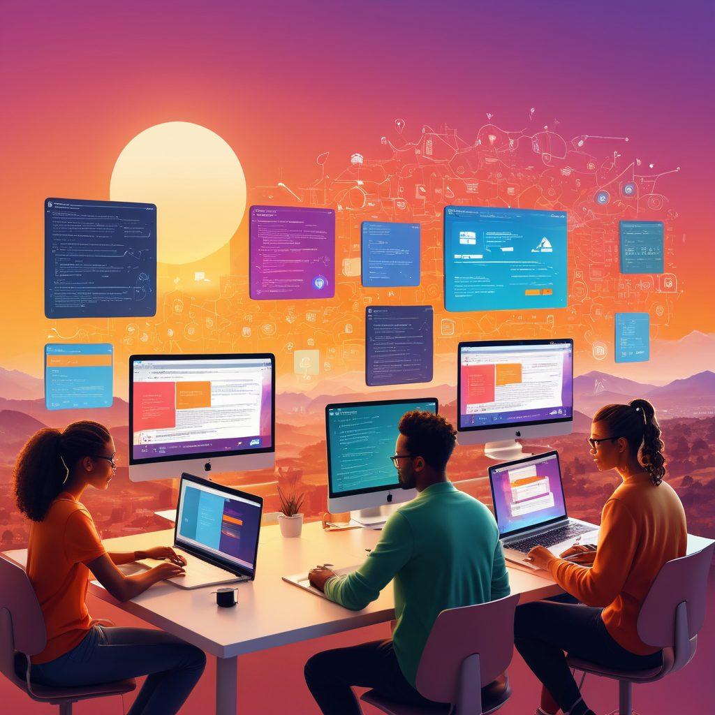 A vibrant digital landscape showcasing a diverse group of people collaborating on laptops, surrounded by web development icons like code snippets, graphics, and blog elements. In the background, a bright sunrise symbolizes growth, with elements representing community engagement and creativity. Incorporate a harmonious blend of modern design elements and warm colors to evoke a sense of innovation and connection. super-realistic. vibrant colors. digital art.