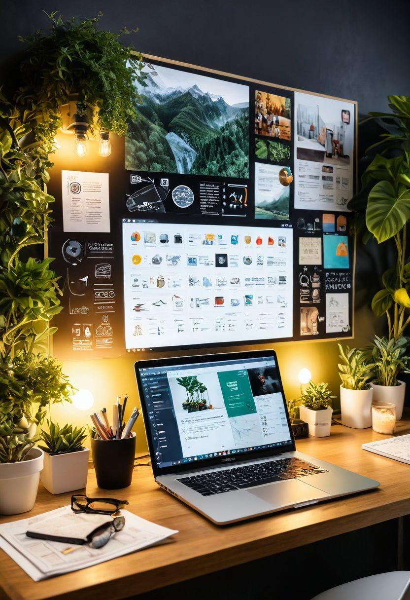 A dynamic workspace featuring a creative individual passionately crafting content on a laptop, surrounded by digital marketing elements like social media icons, colorful infographics, and a vision board. The ambiance is inspiring with warm lighting and lush greenery in the background, representing growth and innovation. super-realistic. vibrant colors. modern aesthetic.